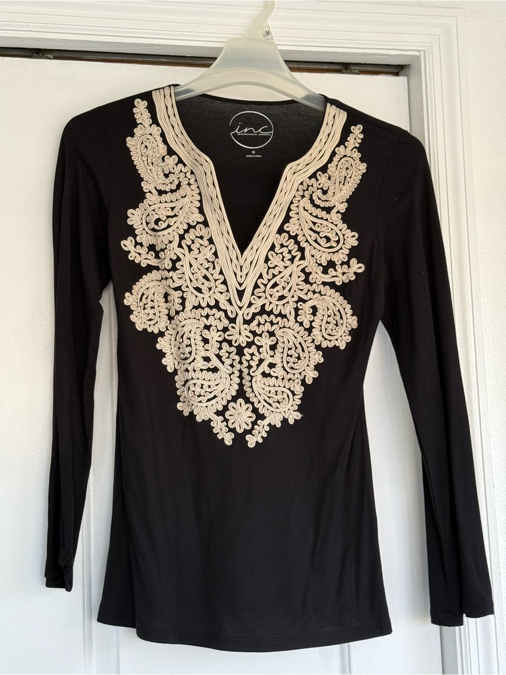 INC International Concepts Black Long Sleeve Top with Cream Embroidered V-Neck
